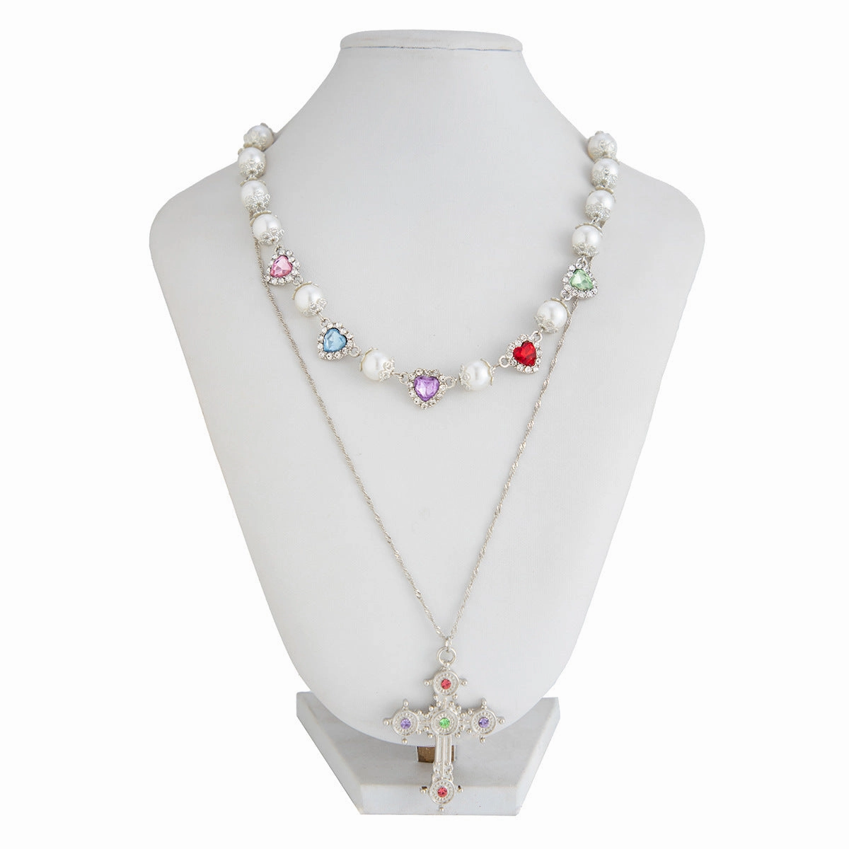 Wholesale Colored Heart Diamond Necklace Men's Cross Pendant Clavicle Chain