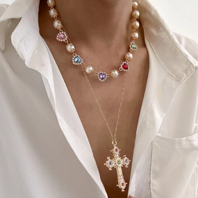 Wholesale Colored Heart Diamond Necklace Men's Cross Pendant Clavicle Chain