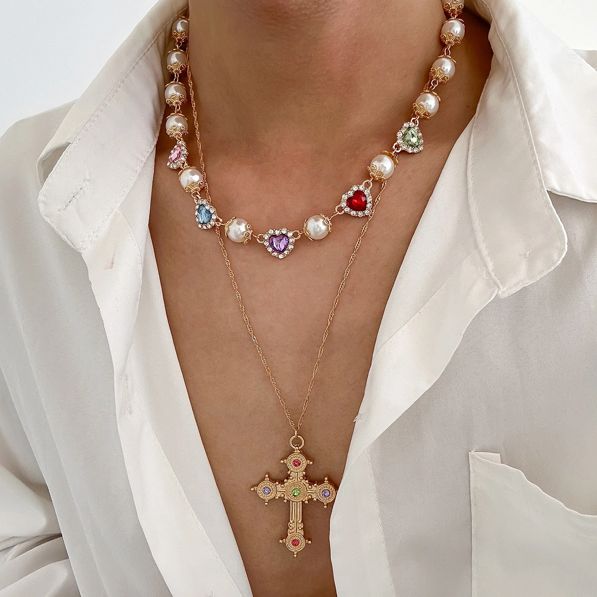 Wholesale Colored Heart Diamond Necklace Men's Cross Pendant Clavicle Chain