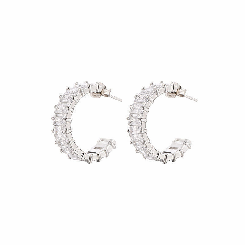 Wholesale Colored Zircon Stainless Steel Gold Plated C Shape Earrings