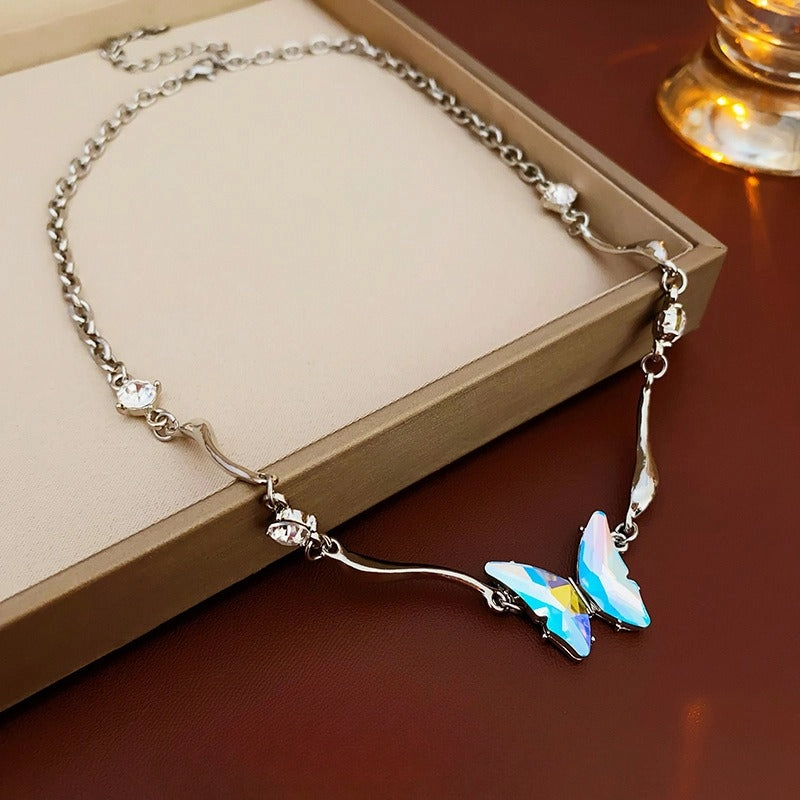 Wholesale Colorful Diamond Butterfly Personality Fashion Light Luxury High-end Titanium Steel Clavicle Necklace