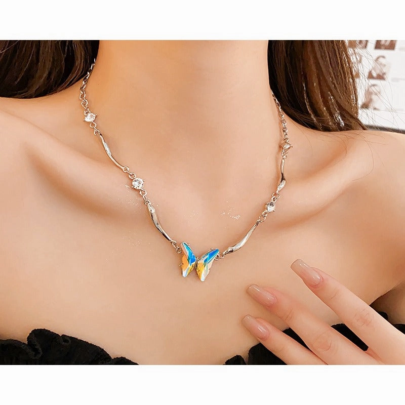 Wholesale Colorful Diamond Butterfly Personality Fashion Light Luxury High-end Titanium Steel Clavicle Necklace