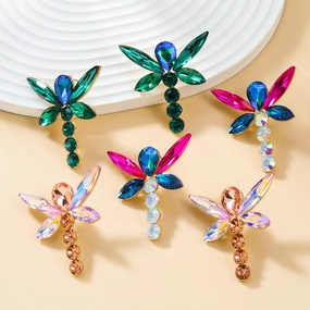 Wholesale Colorful Diamond Exaggerated Alloy Full Diamond Dragonfly Shaped Earrings