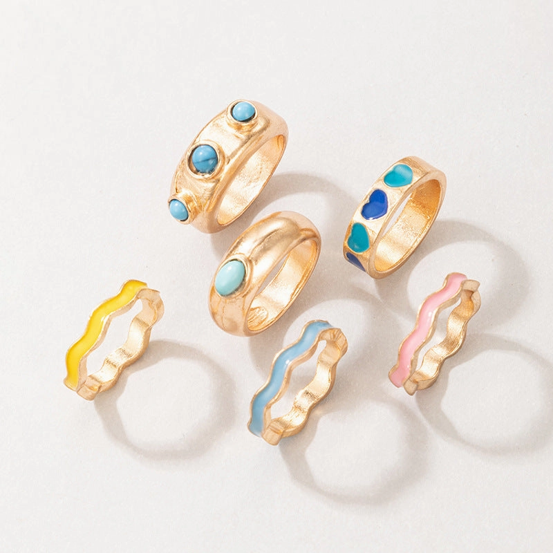 Wholesale Colorful Heart Alloy Rings Set of 6