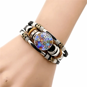 Wholesale Colorful Murano Snap Beaded Leather Bracelet