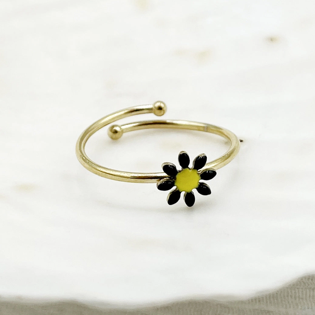 Wholesale Colorful Oil Drip Sunflower Adjustable Titanium Steel Ring