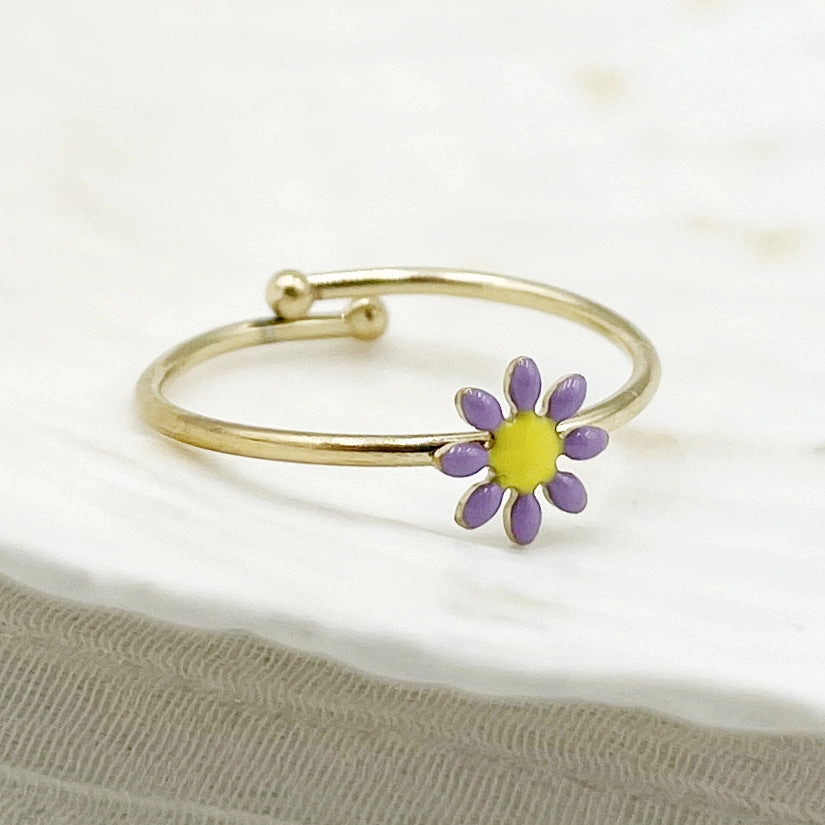 Wholesale Colorful Oil Drip Sunflower Adjustable Titanium Steel Ring