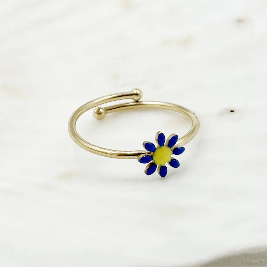 Wholesale Colorful Oil Drip Sunflower Adjustable Titanium Steel Ring