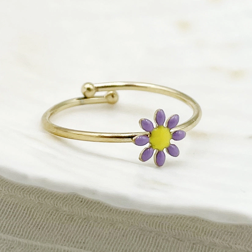 Wholesale Colorful Oil Drip Sunflower Adjustable Titanium Steel Ring