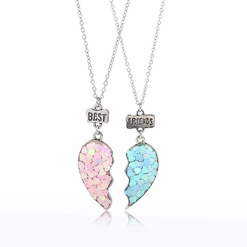 Wholesale Colorful Sequins Good Friends One Pair of Stitching Heart Necklace