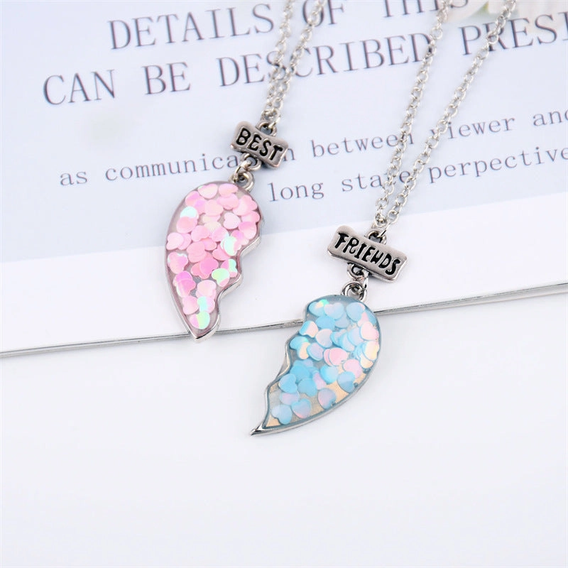 Wholesale Colorful Sequins Good Friends One Pair of Stitching Heart Necklace