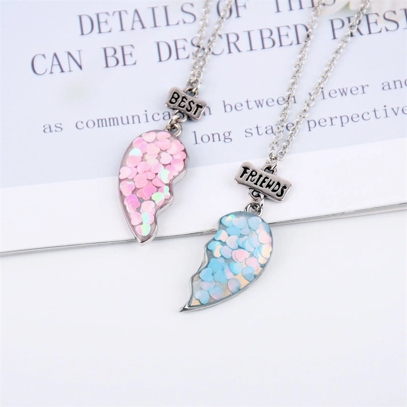 Wholesale Colorful Sequins Good Friends One Pair of Stitching Heart Necklace