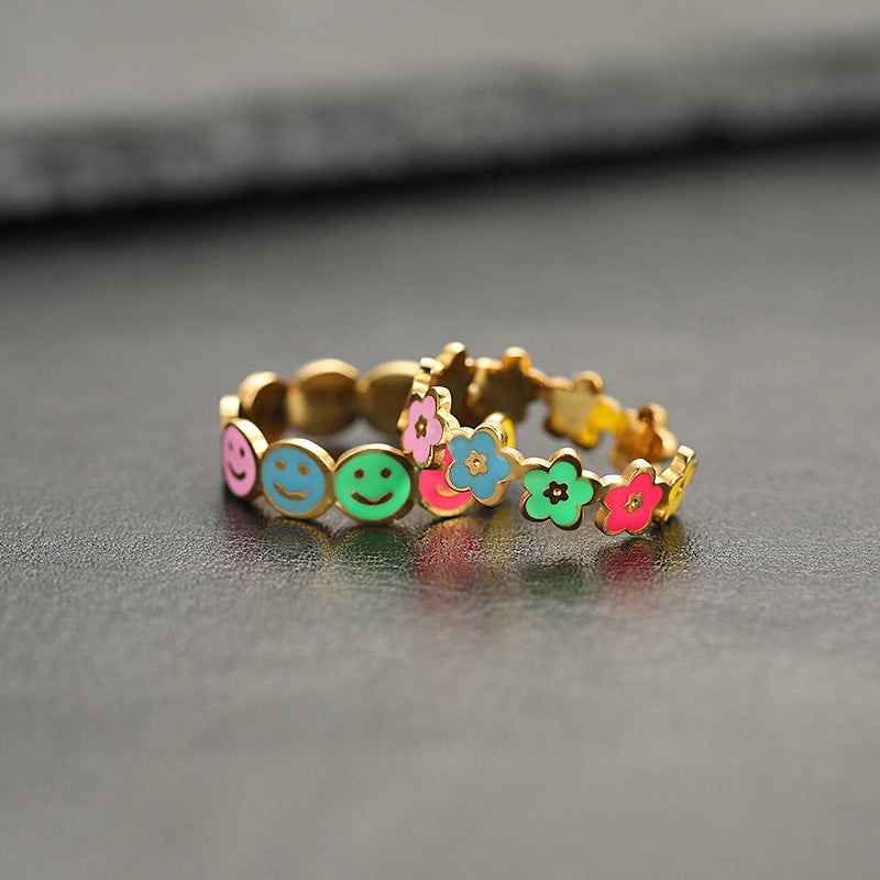 Wholesale Colorful Smiley Flower Opening Adjustable Stainless Steel Ring