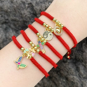 Wholesale Colorful Zircon Butterfly Tree of Life Love Pendant Red Rope Bracelet