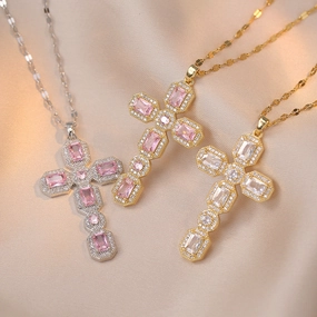Wholesale Colorful Zirconia Cross Micro-paved Necklace