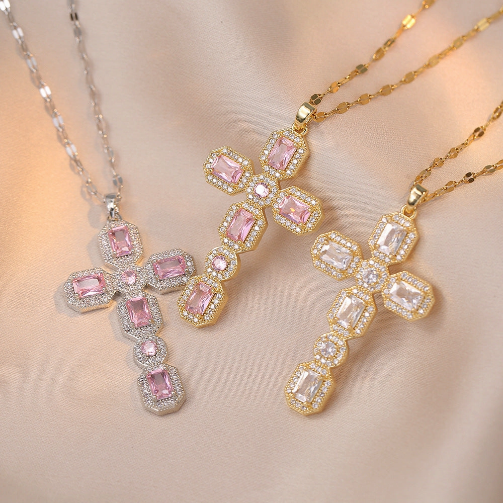 Wholesale Colorful Zirconia Cross Micro-paved Necklace