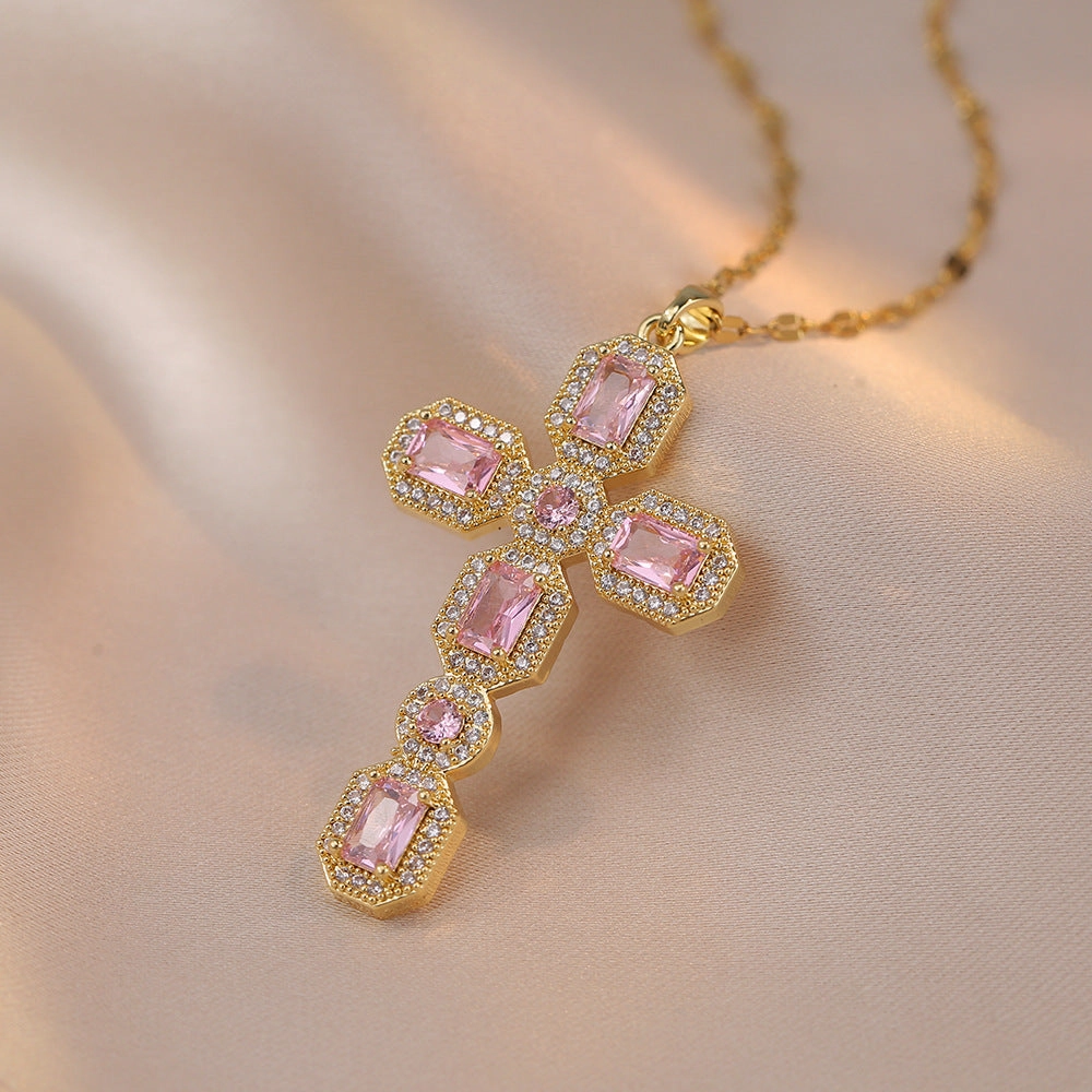 Wholesale Colorful Zirconia Cross Micro-paved Necklace