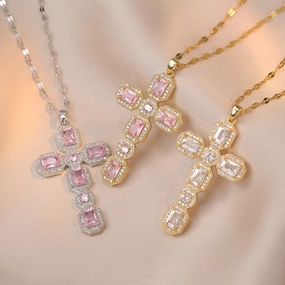 Wholesale Colorful Zirconia Cross Micro-paved Necklace