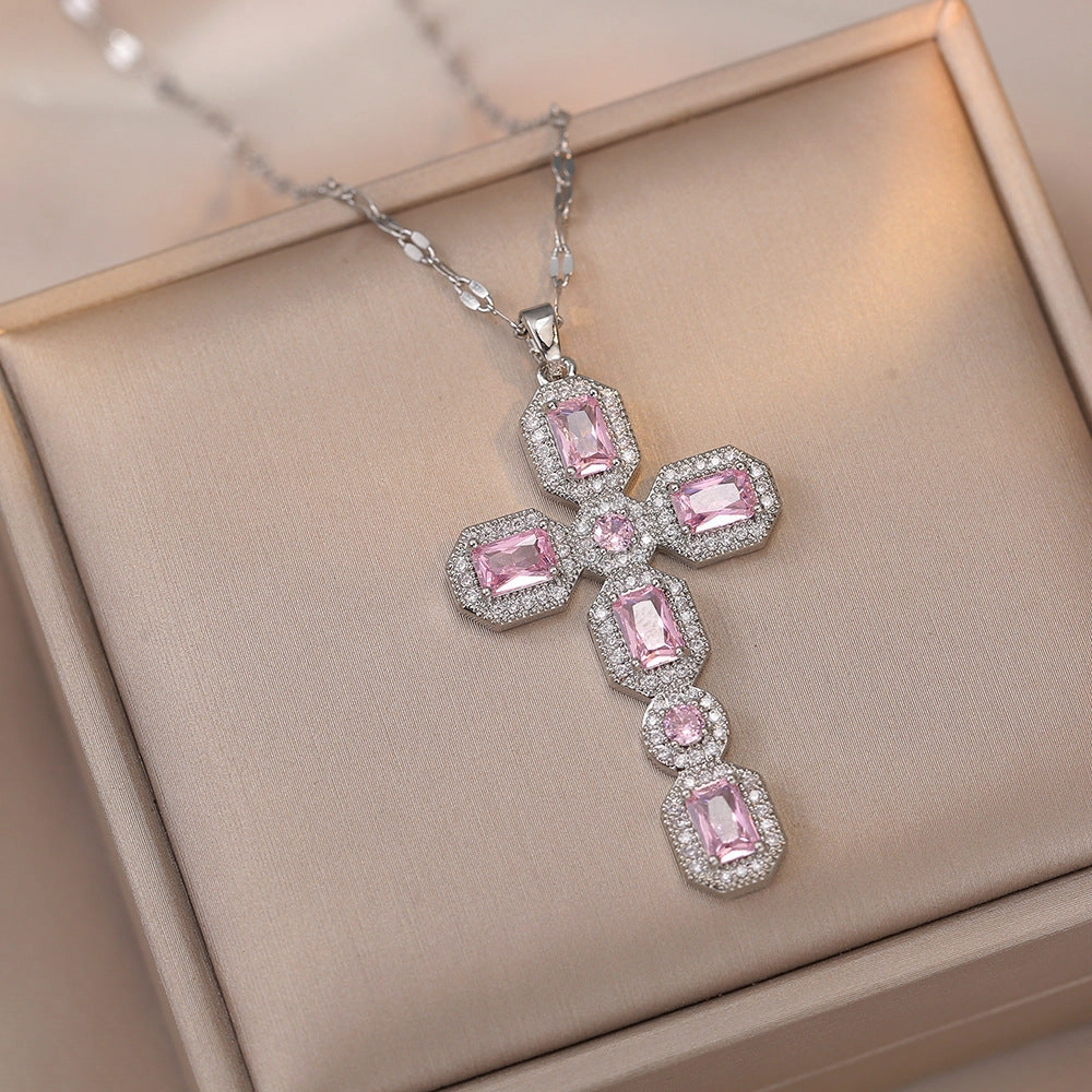 Wholesale Colorful Zirconia Cross Micro-paved Necklace