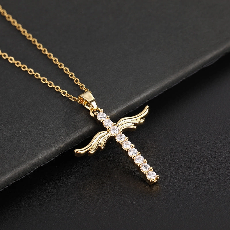 Wholesale Copper Angel Wings Pendant Cross Micropaved Zircon Necklace