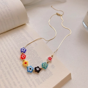 Wholesale Copper Colorful Glass Flower Pendant Necklace