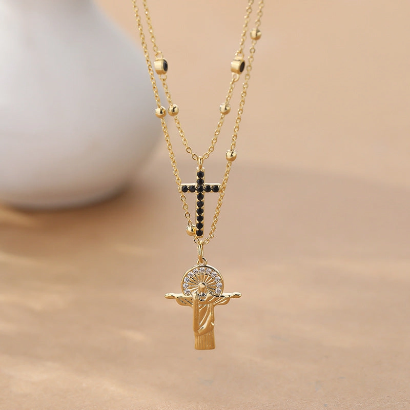 Wholesale Copper Cross Double-layer Embossed Figure Necklace
