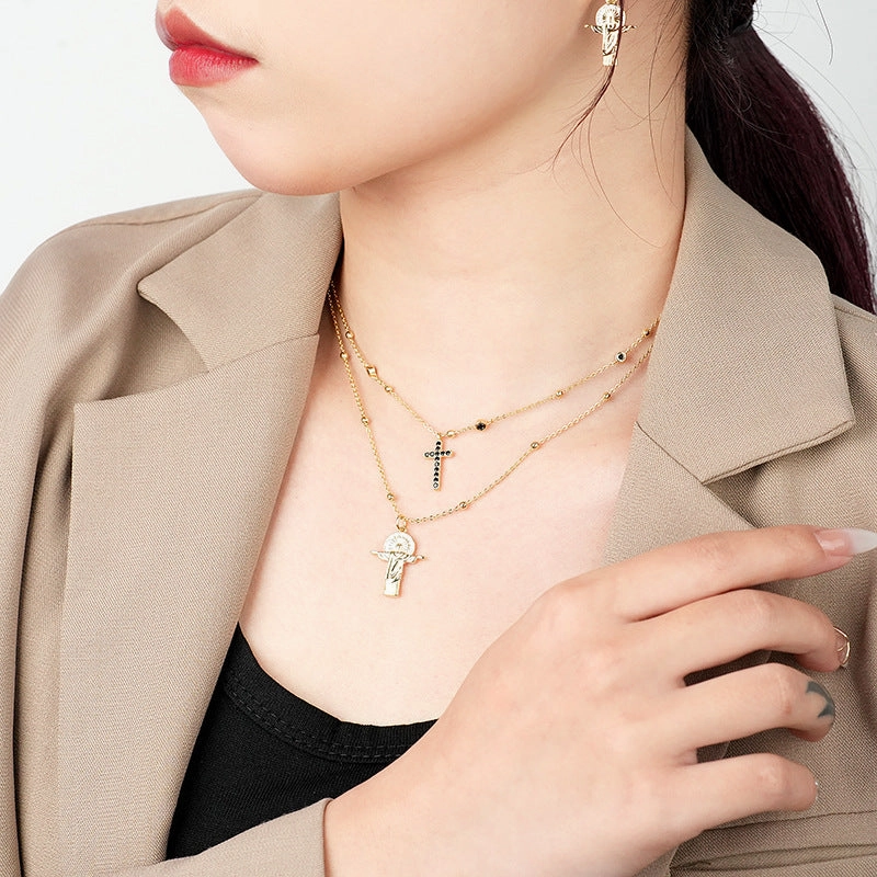 Wholesale Copper Cross Double-layer Embossed Figure Necklace
