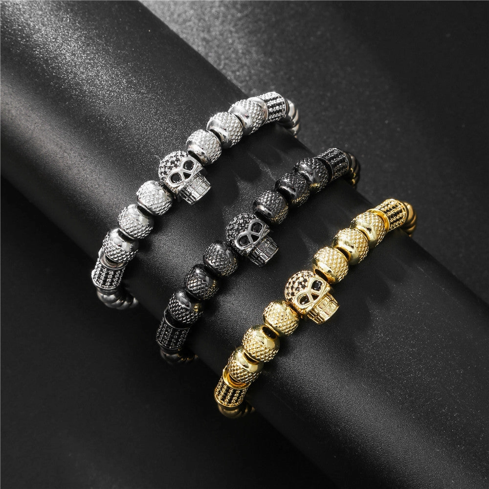 Wholesale Copper Inlaid Zircon Skull Punk Bracelet for Men