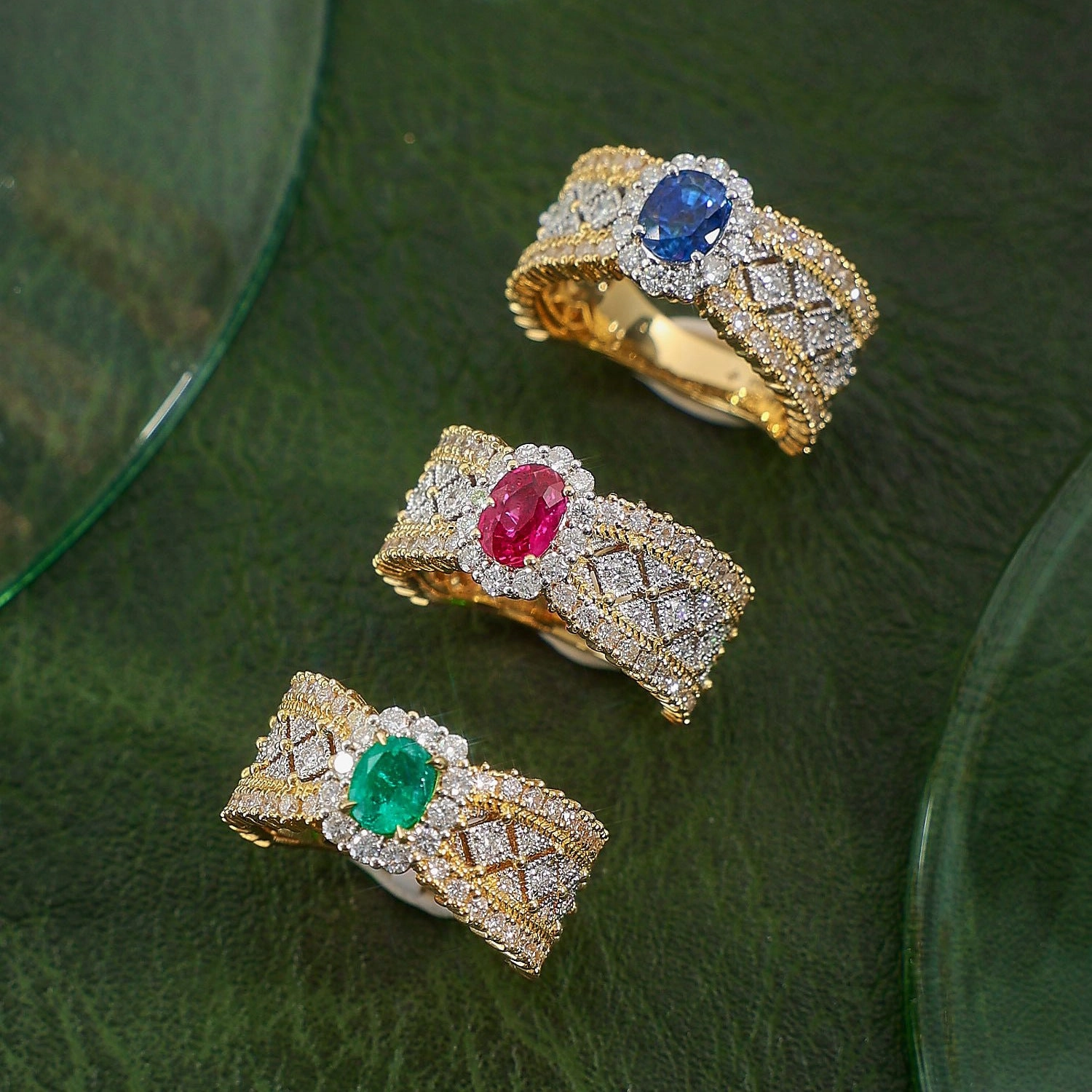 Wholesale Copper Lace Two Tone Gold Diamond Emerald Ring