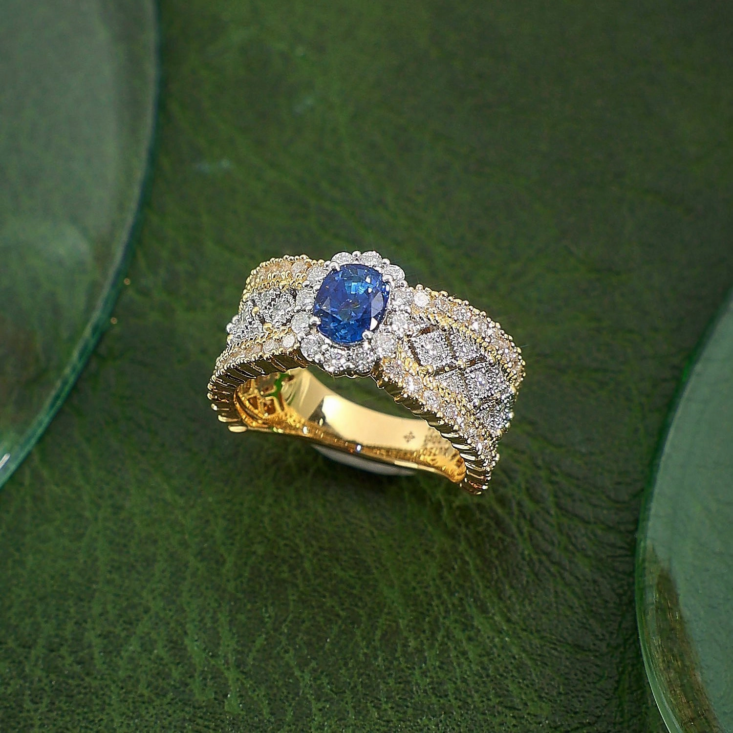 Wholesale Copper Lace Two Tone Gold Diamond Emerald Ring