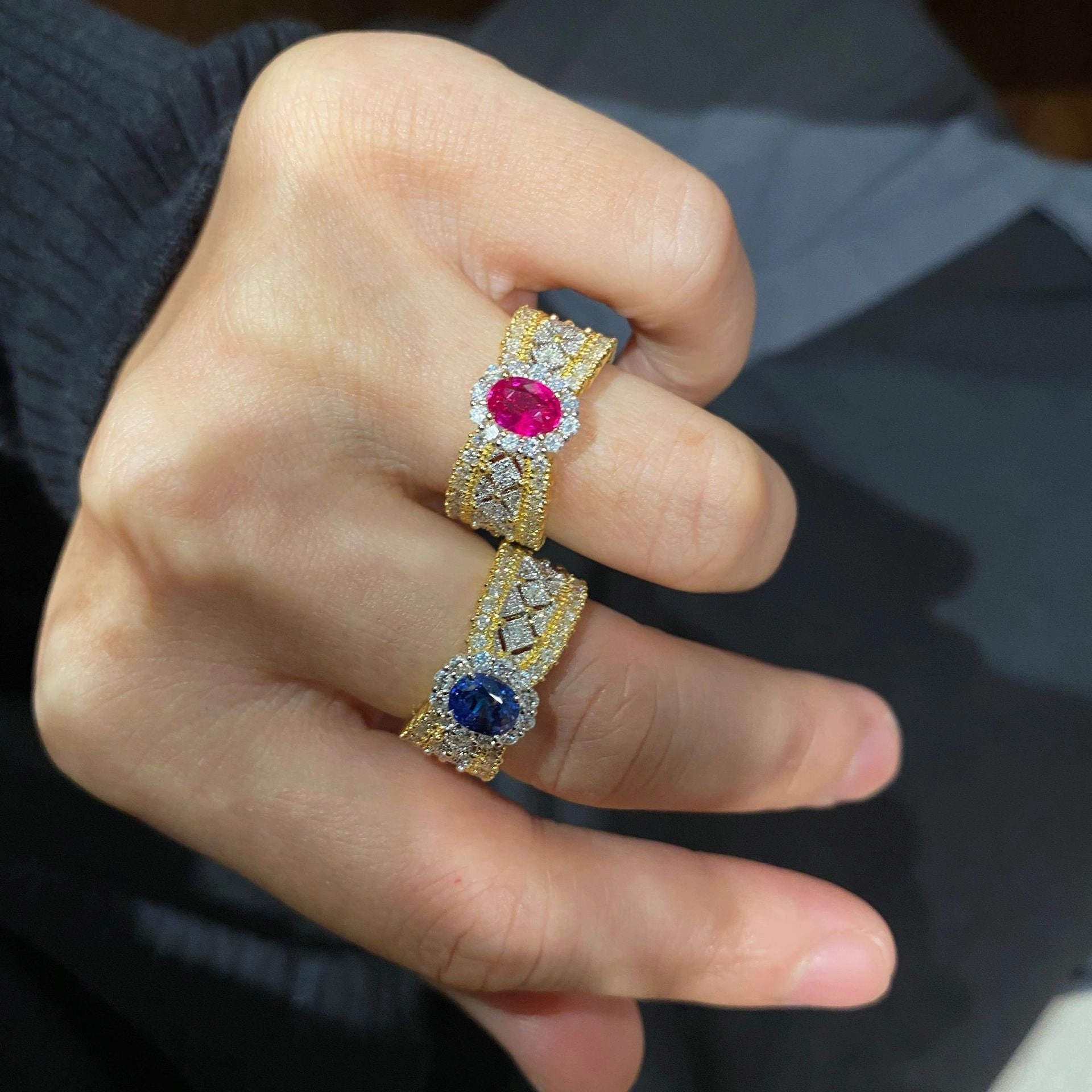 Wholesale Copper Lace Two Tone Gold Diamond Emerald Ring