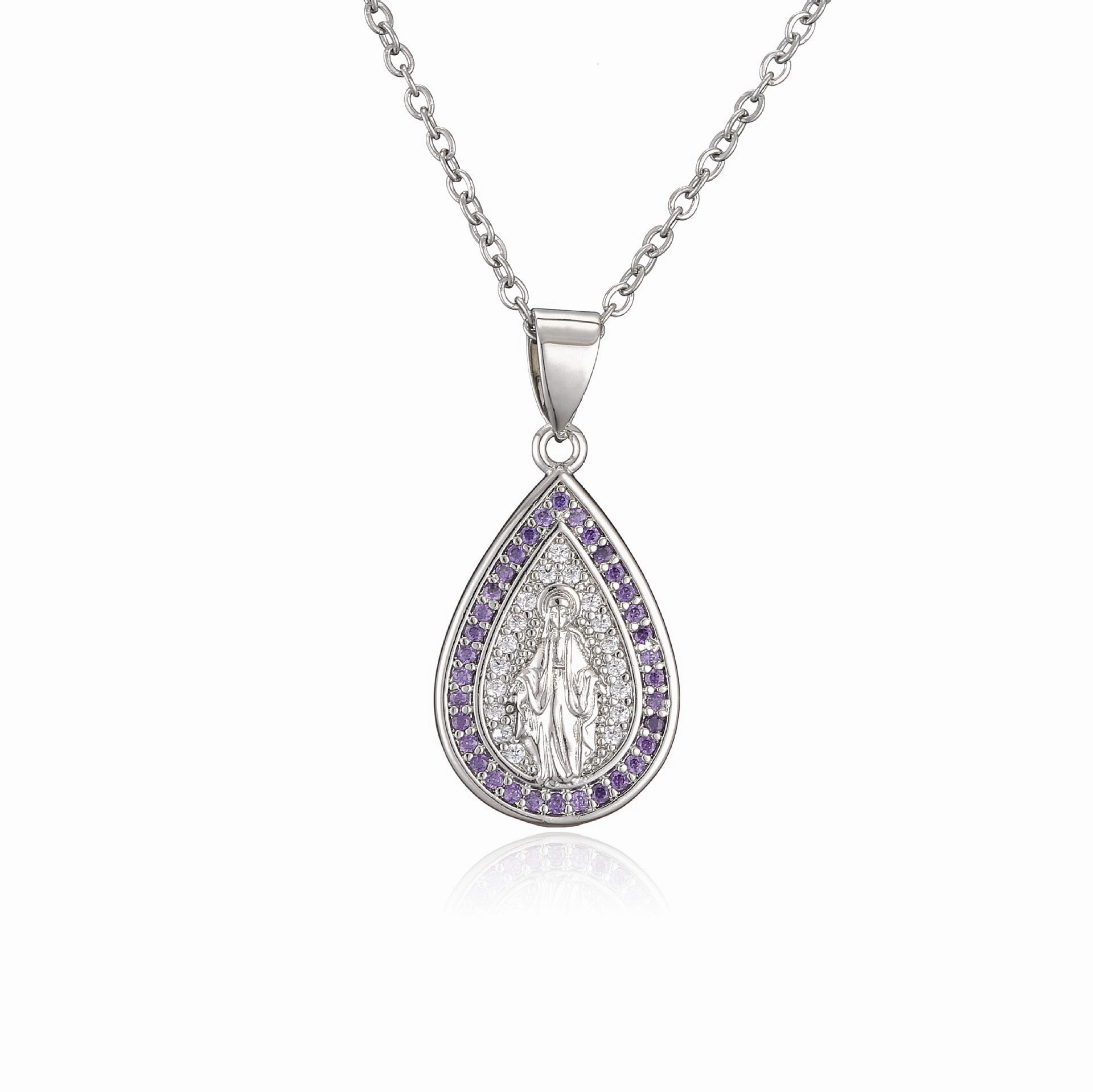 Wholesale Copper Micro-paved Colored Diamond Drop Shaped Virgin Mary Necklace