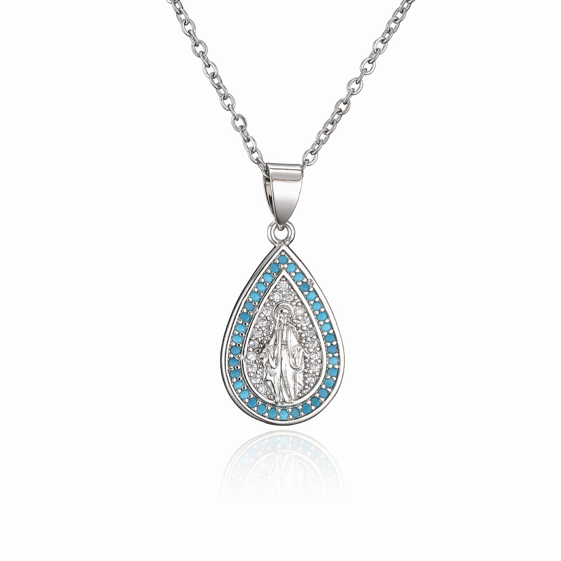 Wholesale Copper Micro-paved Colored Diamond Drop Shaped Virgin Mary Necklace
