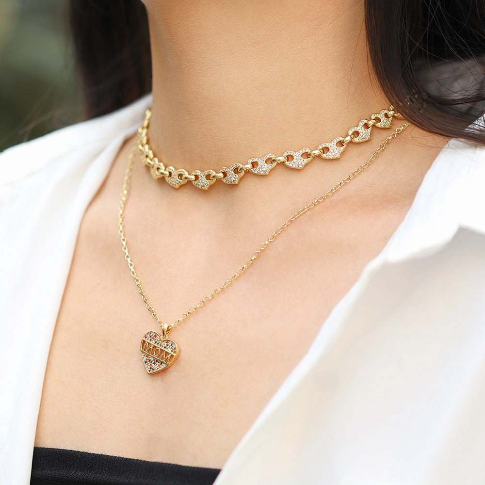 Wholesale Copper Mother's Day Gift Letter MOM Inlaid Color Diamond Love Necklace
