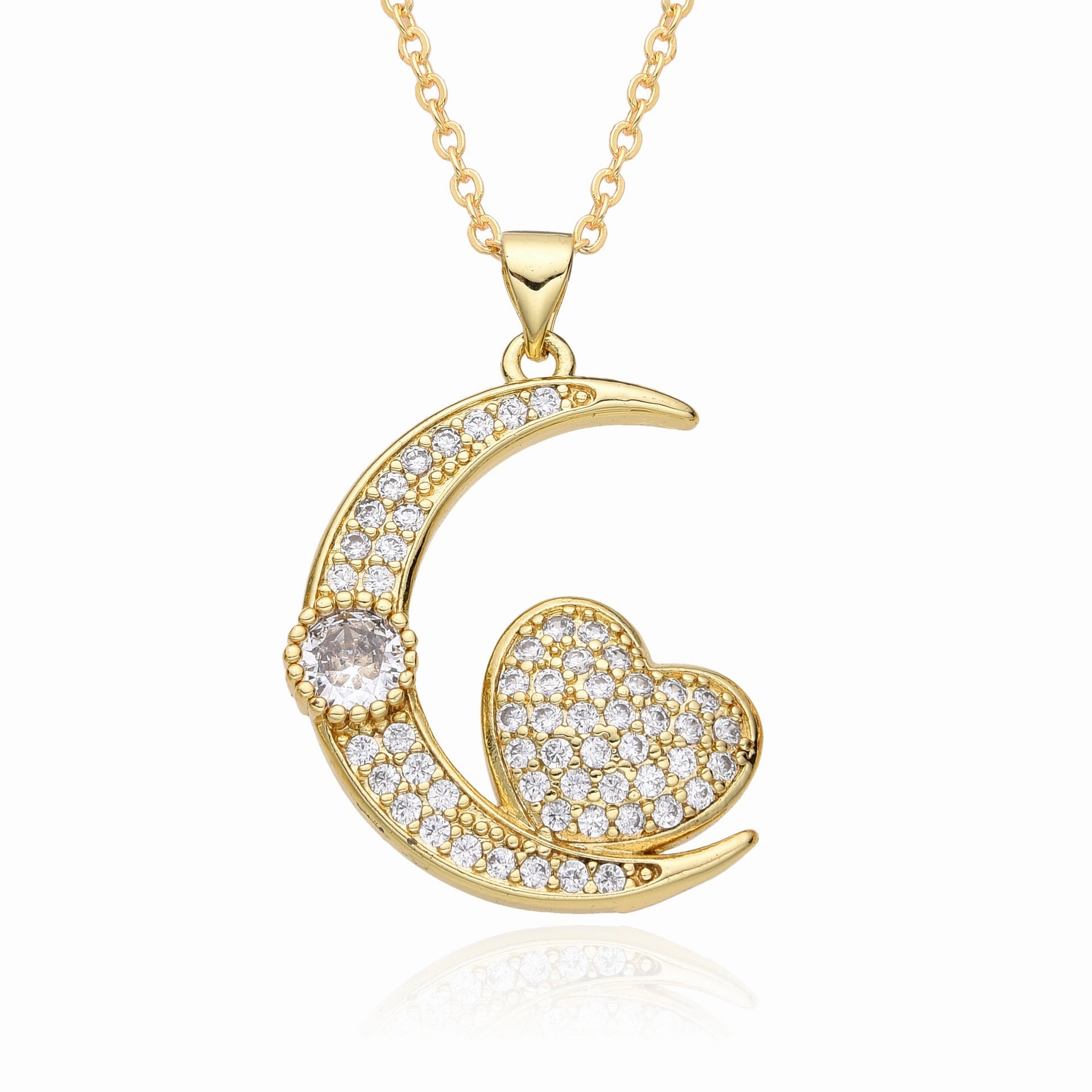 Wholesale Copper Plated 18K Gold Colored Zircon Moon Love Necklace
