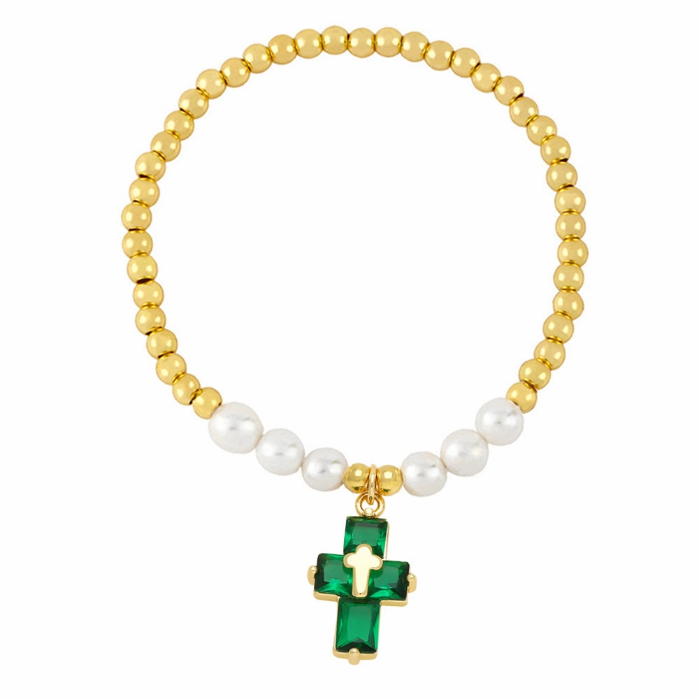 Wholesale Copper Plated Real Gold Cross Pendant Beaded Bracelet