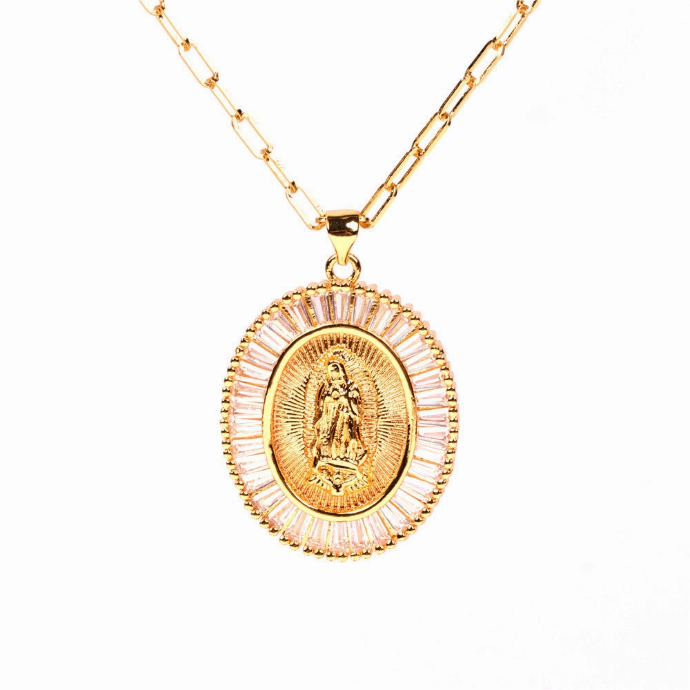 Wholesale Copper Thick Chain Round Card Diamond Creative Necklace