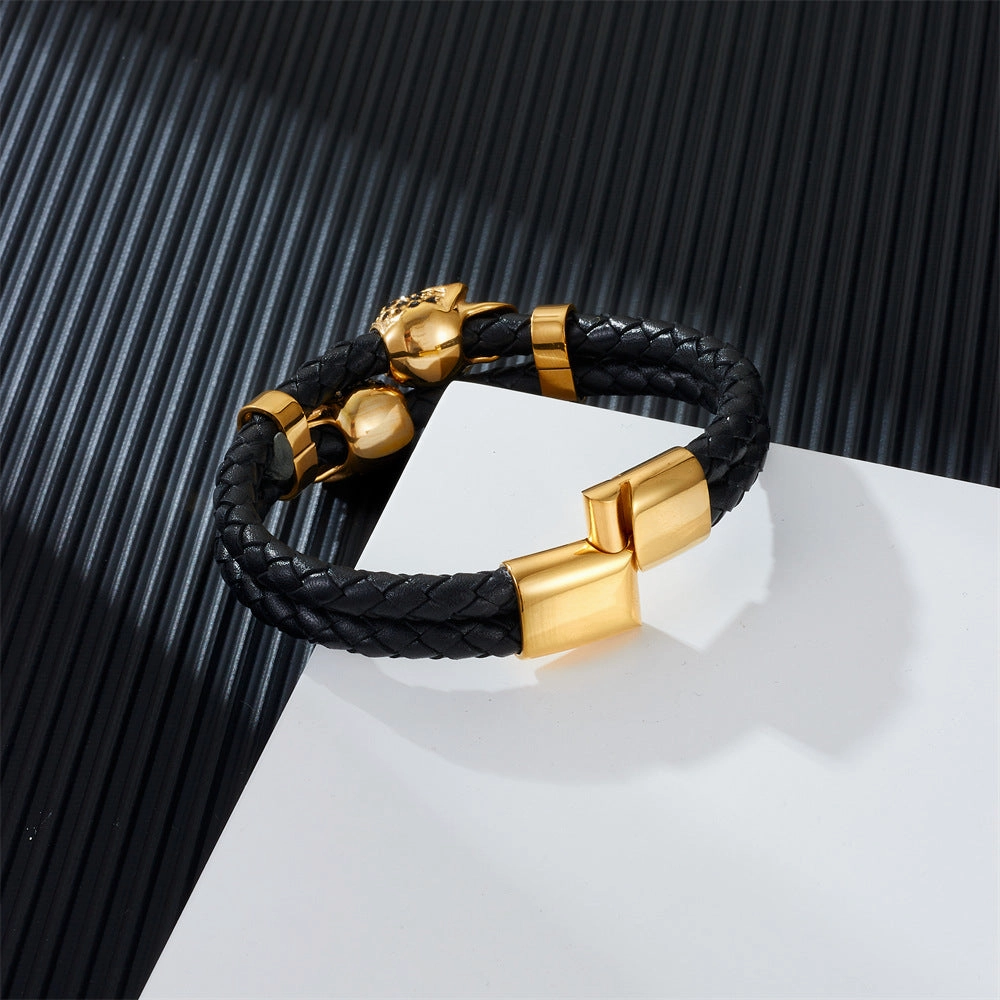 Wholesale Cowhide Stainless Steel Skull Braided Men's Bracelet