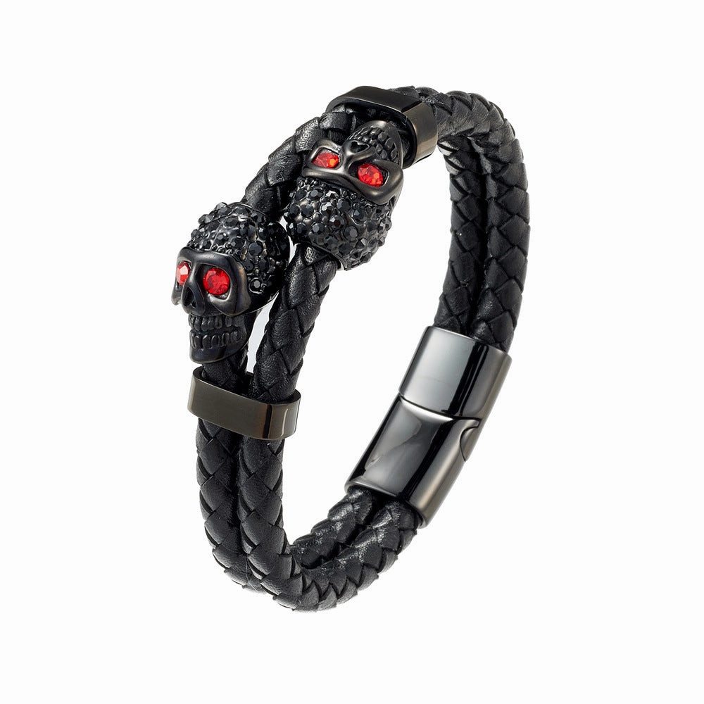 Wholesale Cowhide Stainless Steel Skull Braided Men's Bracelet