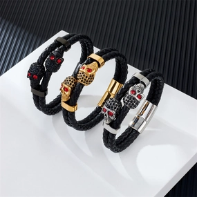 Wholesale Cowhide Stainless Steel Skull Braided Men's Bracelet
