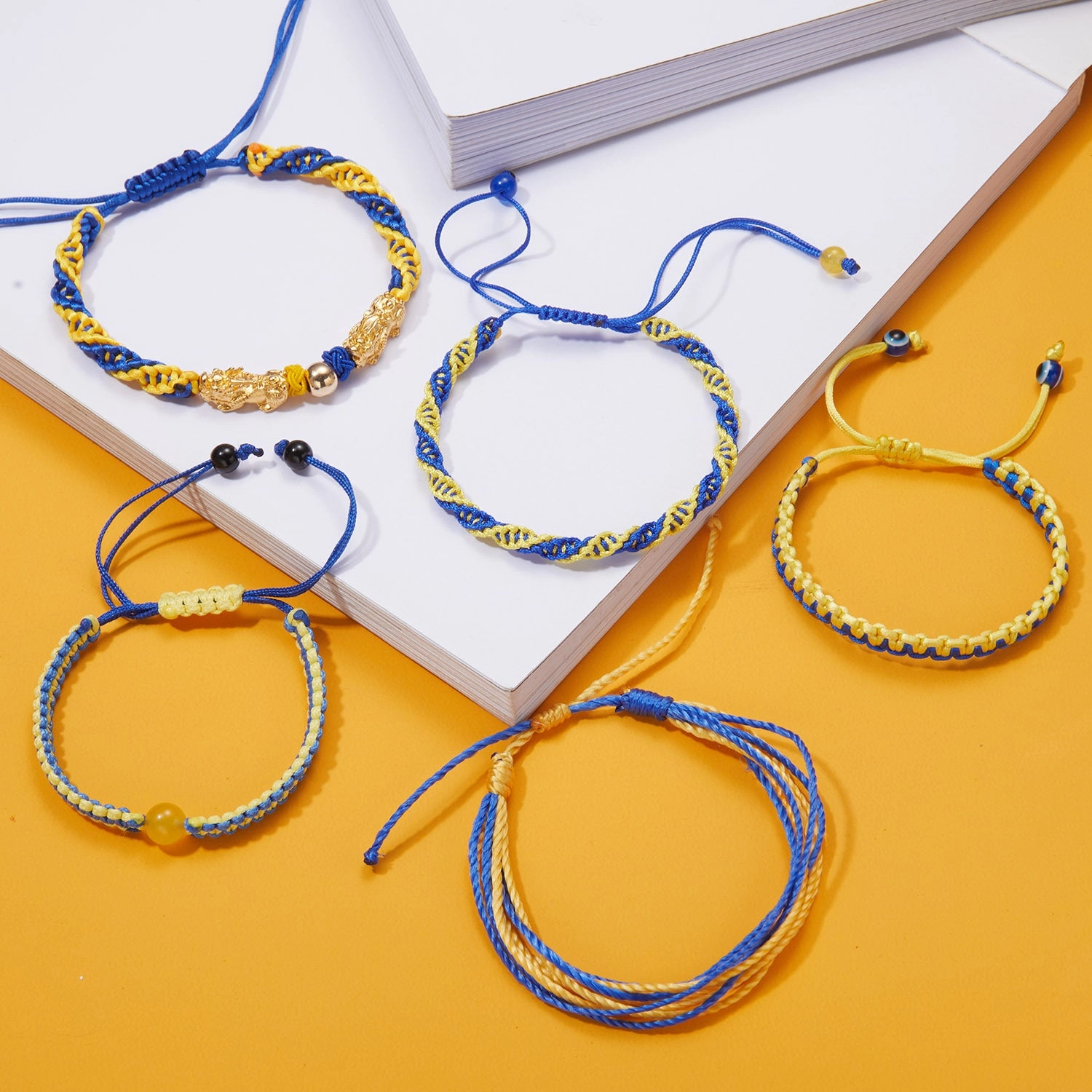 Wholesale Creative Color Matching Yellow and Blue Handwoven Adjustable Bracelet