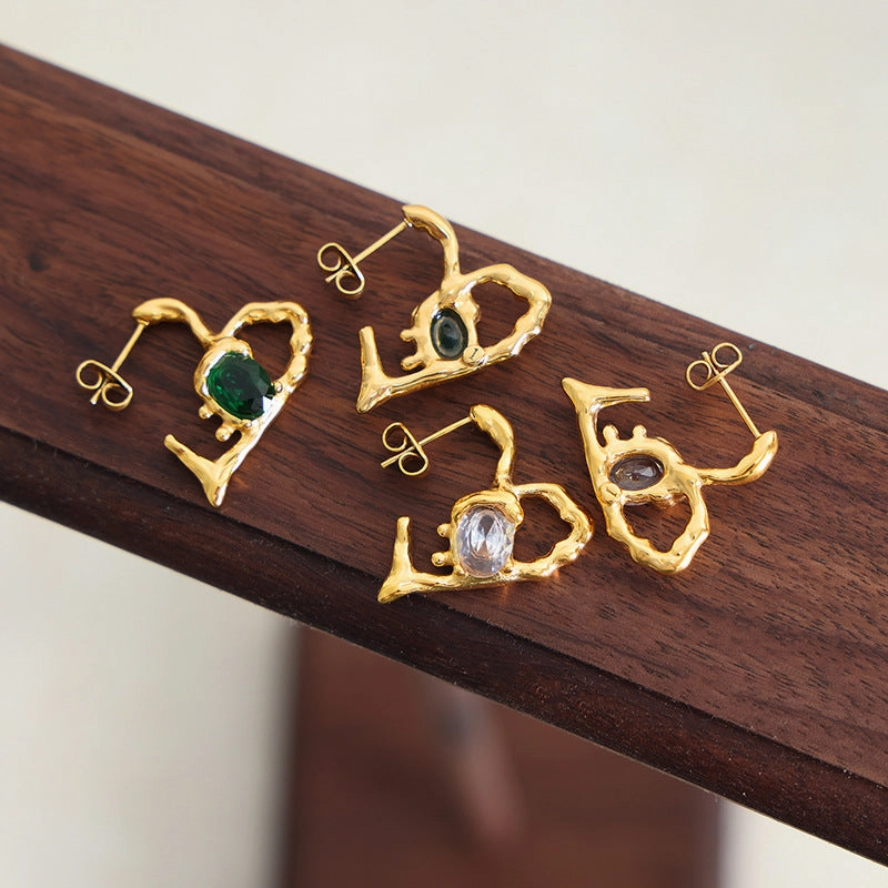 Wholesale Creative Ear Glass Heart Shaped Gold Plated Earrings