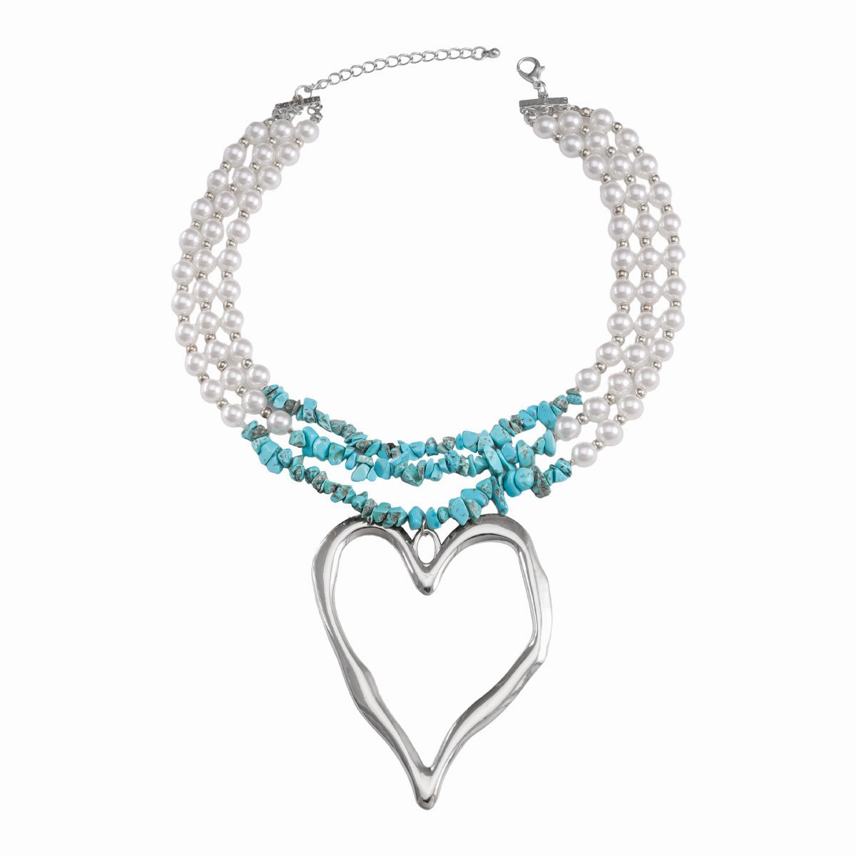 Wholesale Creative Exaggerated Love Pendant Necklace Multi Layered Turquoise Imitation Pearl Splice Necklace