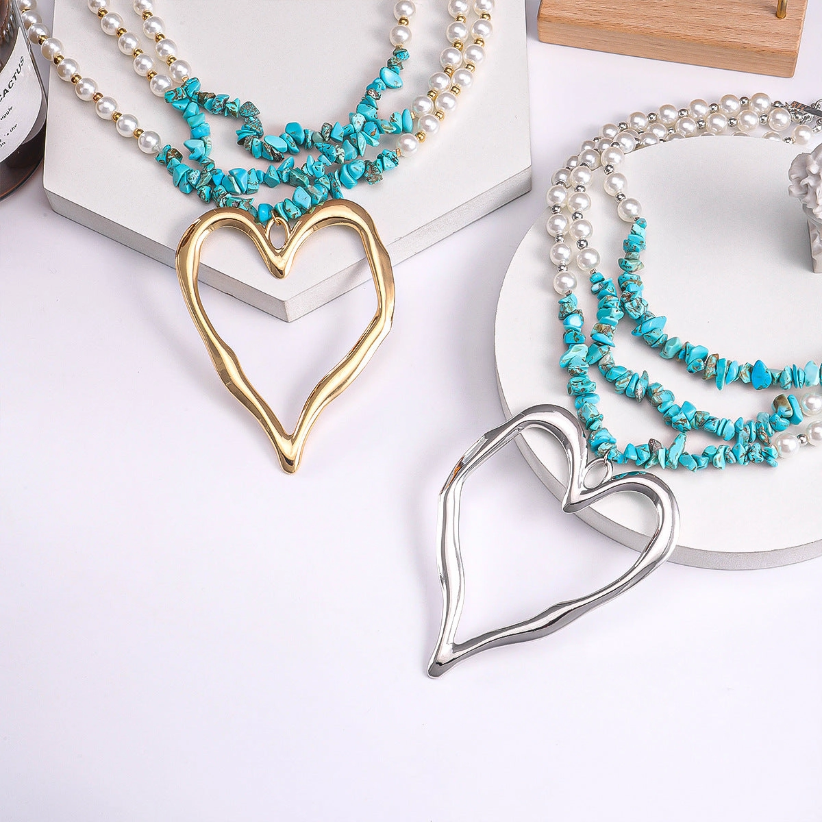 Wholesale Creative Exaggerated Love Pendant Necklace Multi Layered Turquoise Imitation Pearl Splice Necklace