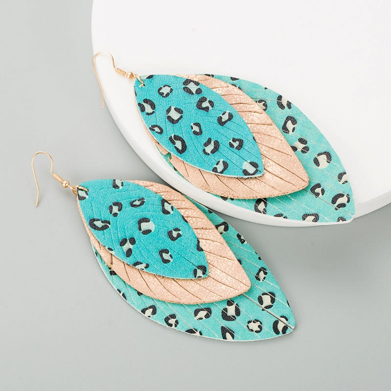 Wholesale Creative exaggerated multi-layer leather printed leaf shape Bohemian earrings
