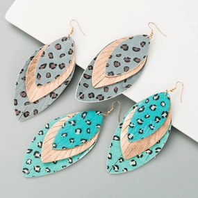 Wholesale Creative exaggerated multi-layer leather printed leaf shape Bohemian earrings