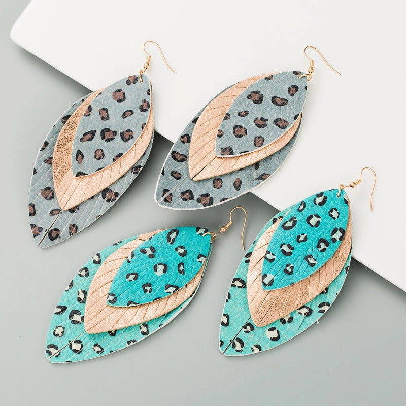 Wholesale Creative exaggerated multi-layer leather printed leaf shape Bohemian earrings