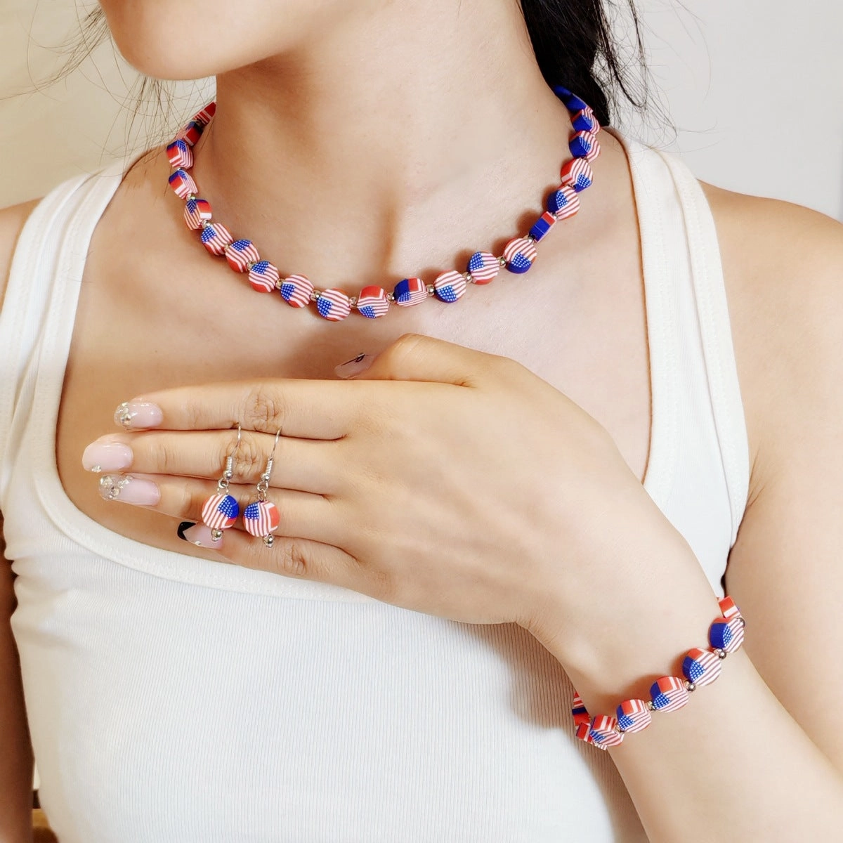 Wholesale Creative Geometric American Flag Beaded Bracelet Earrings Necklace