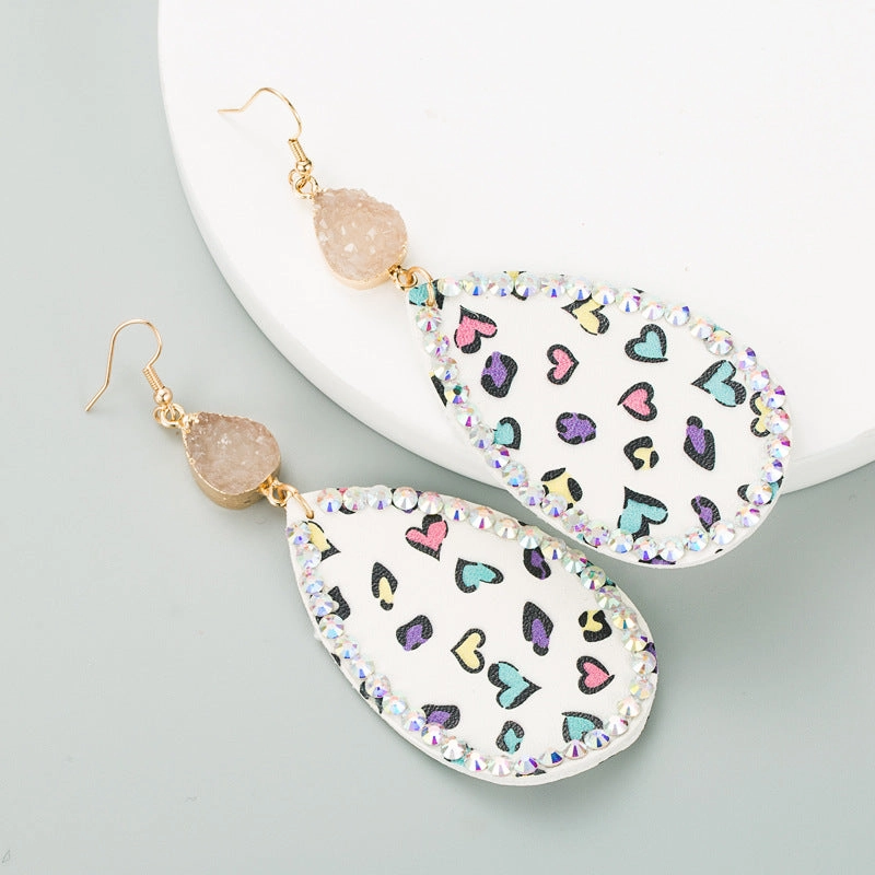 Wholesale Creative teardrop-shaped leather print inlaid rhinestone earrings