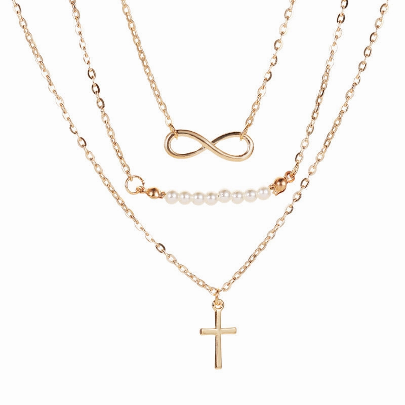 Wholesale Cross 8 Character Pearl Multi-layer Necklace Clavicle Chain